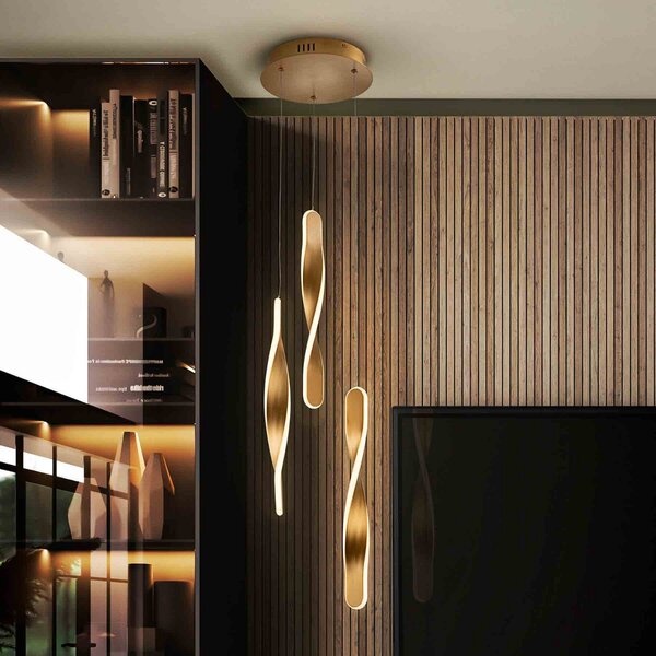 Schuller Valencia Twist LED viseća svjetiljka, 3 žarulje. Aluminij, metal, akril, zlatne boje, prigušiva, Zlato / mjed, Dnevni boravak/blagovaonica, Metal