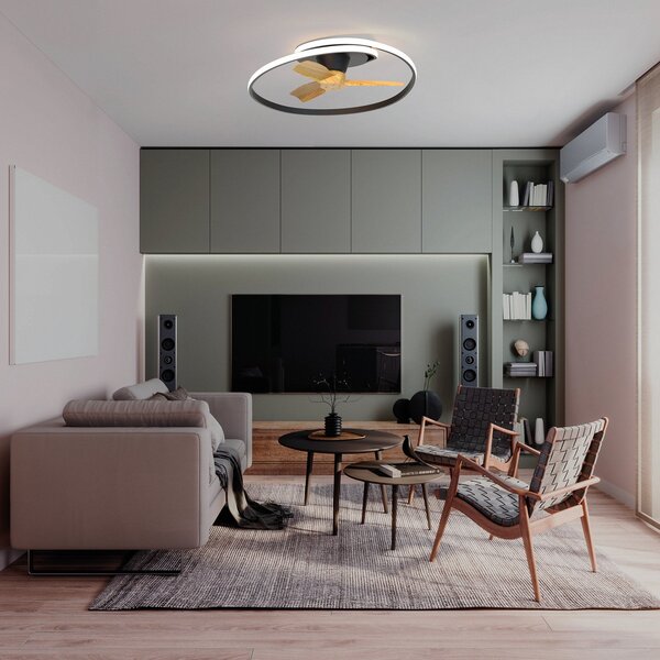 Mantra Iluminación LED stropni ventilator Ocean, crna/drvo, DC, tih, Ø 78 cm, CCT, prigušiva, Crno, Dnevni boravak/blagovaonica, Plastika