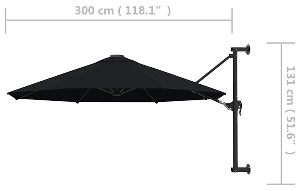 Zidni suncobran s metalnom šipkom 300 cm crni - Crna / N/A