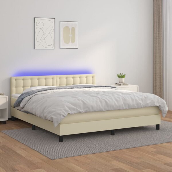 Krevet box spring s madracem LED krem 160x200cm od umjetne kože - Krema / 160 x 200 cm
