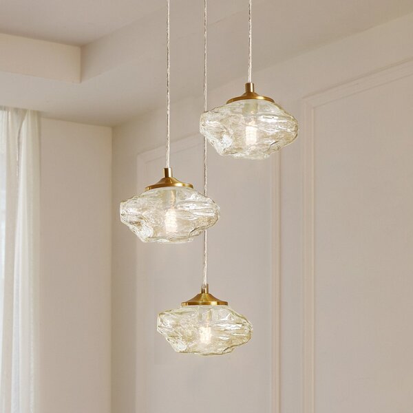 Lindby viseća lampa Piatra, Ø25cm, 3 svjetla, konjak/mjed, staklo, prigušiva, Providna, Dnevni boravak/blagovaonica, Staklo