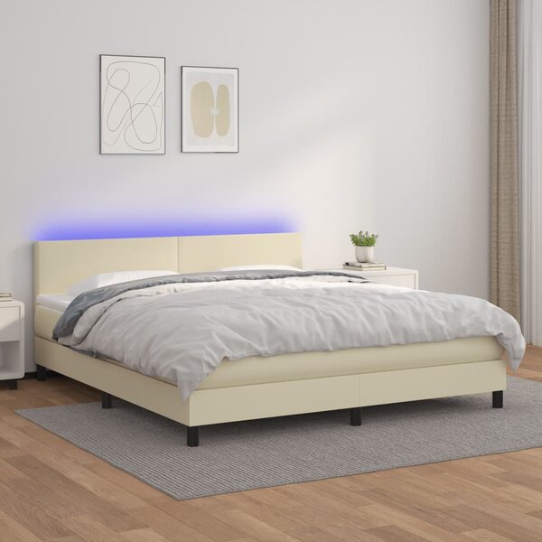 Krevet box spring s madracem LED krem 160x200cm od umjetne kože - Krema / 160 x 200 cm