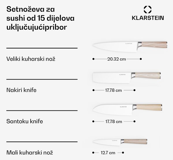 Klarstein Shibui set noževa za sushi, 15 dijelova, 4 noža s praktičnim dodacima