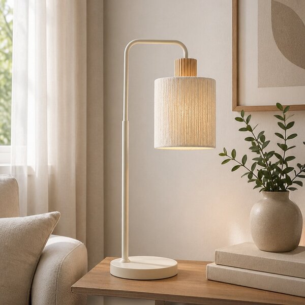 Brilliant Stolna lampa Arlo, bež, tkanina/drvo, visina 58 cm, E27, Bež, Dnevni boravak/blagovaonica, Tkanina / tekstil