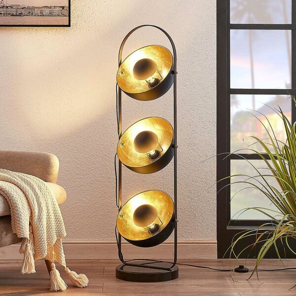 Lindby podna lampa Muriel, 3 žarulje, crna/zlatna, metal, Crno, Dnevni boravak/blagovaonica, Metal