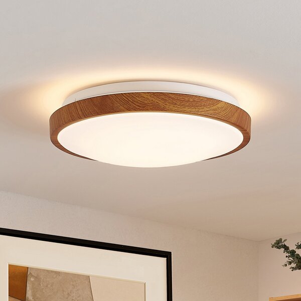 Lindby LED stropna svjetiljka Mynte, Ø30cm, izgled drveta, plastika, Drvo, Dnevni boravak/blagovaonica, Plastika
