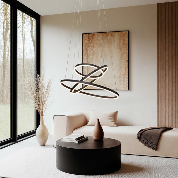 Arcchio LED visilica Albiona, crna, 3 prstena, Ø 80 cm, prigušiva, Crno, Dnevni boravak/blagovaonica, Metal
