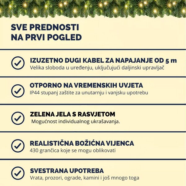 Božićna girlanda ANDREA s rasvjetom i daljinskim upravljačem, 5 m, zelena Casaria