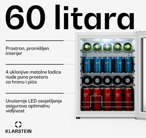 Klarstein Hladnjak za pića Beersafe sa staklenim vratima | 64 x 48 cm | 60 litara | 85 W | Srebrno/bijela
