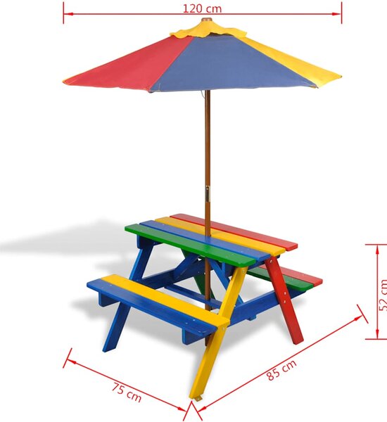Dječji stol i klupe za piknik sa suncobranom četiri boje - Šarena / N/A