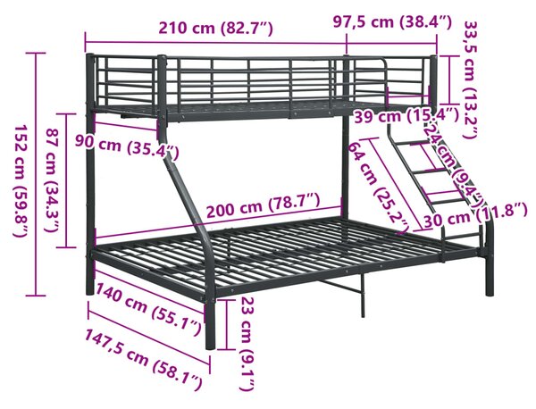 Okvir za krevet na kat crni metalni 140 x 200 / 90 x 200 cm - Crna / N/A