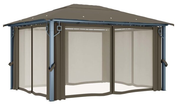 Sjenica sa zastorima i LED svjetlima 400 x 300 cm smeđe-siva - Tupe / 400 x 300 cm