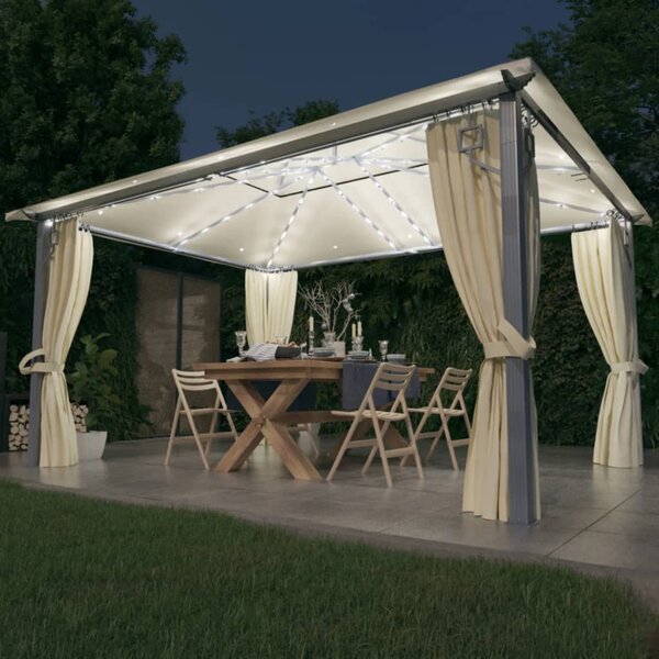Sjenica sa zastorima i LED svjetlima 400 x 300 cm krem aluminij - Krema / 400 x 300 cm