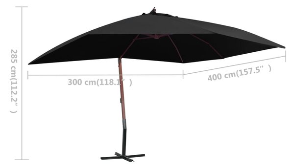 Viseći suncobran s drvenim stupom 400 x 300 cm crni - Crna / N/A
