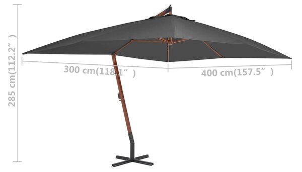 Konzolni vrtni suncobran s drvenim stupom 400 x 300 cm antracit - Antracitno siva / N/A