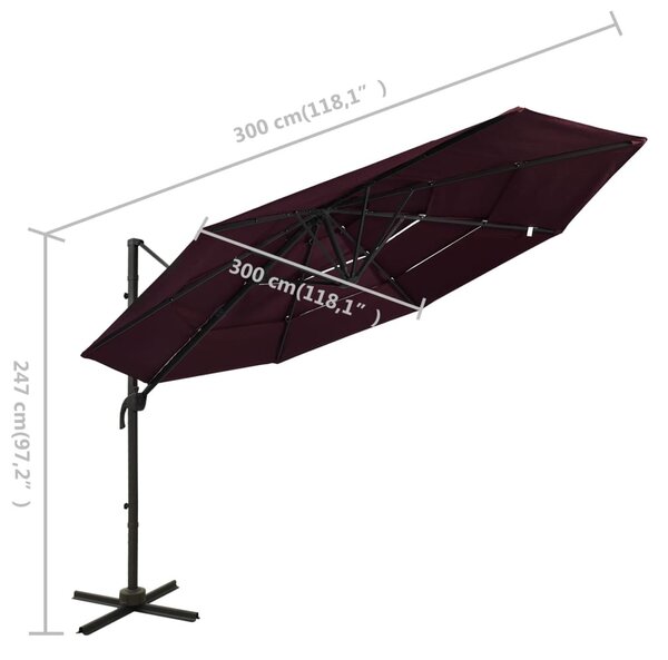 Vrtni suncobran s 4 razine i aluminijskim stupom 3 x 3 m bordo - Crvena / N/A