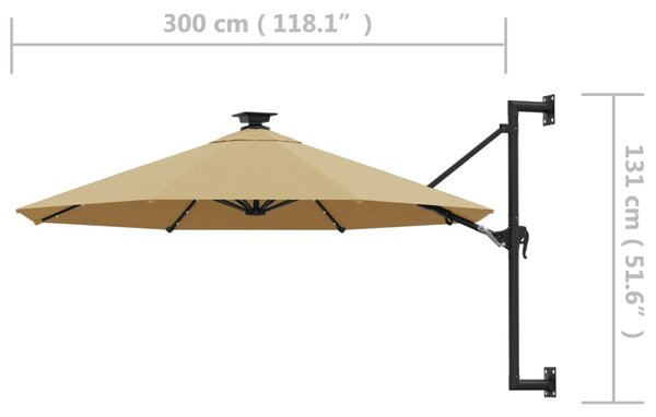 Zidni vrtni suncobran s LED svjetlima 300 cm smeđesivi - Tupe / N/A