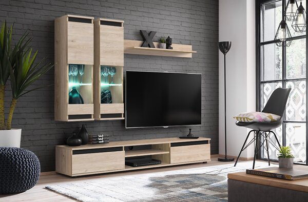 Set za dnevni boravak Marc HJZ MD (hrast jackomon hickory + crna) (s rasvjetom)