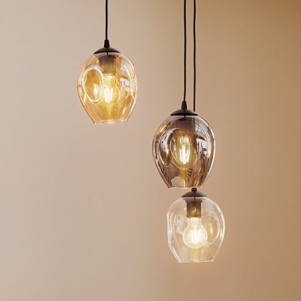 EMIBIG LIGHTING Viseća lampa Starla, grafit/jantarna/prozirno staklo, 3 žarulje. oko, prigušiva, Crno, Dnevni boravak/blagovaonica, Staklo