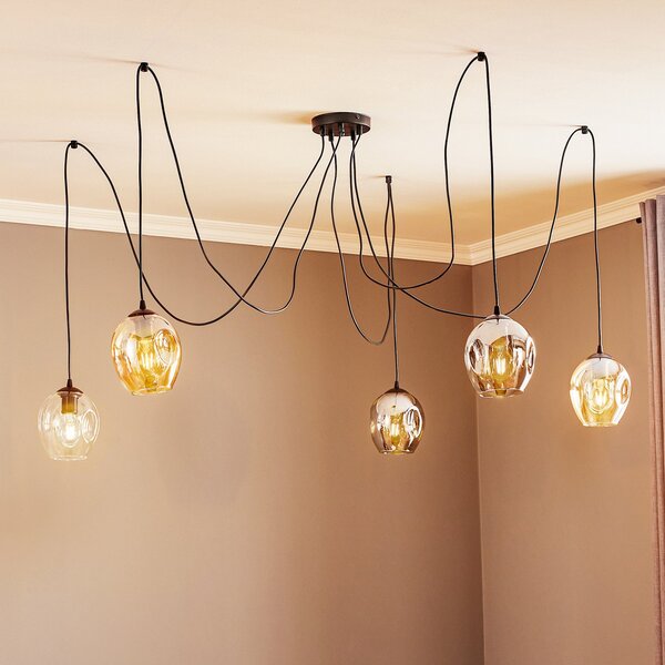 EMIBIG LIGHTING Viseća lampa Starla, grafit/jantarna/prozirno staklo, 5 žarulja., prigušiva, Crno, Dnevni boravak/blagovaonica, Staklo