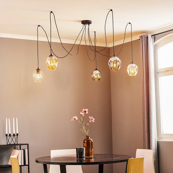 EMIBIG LIGHTING Viseća lampa Starla, grafit/jantarna/prozirno staklo, 5 žarulja., prigušiva, Crno, Dnevni boravak/blagovaonica, Staklo
