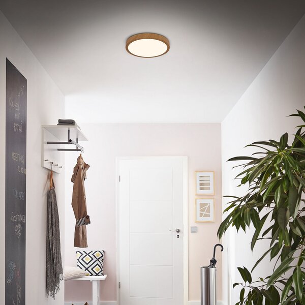 Briloner LED stropna svjetiljka Runa Wood izgled drva 3.000 K Ø28cm, Drvo, Dnevni boravak/blagovaonica, Metal
