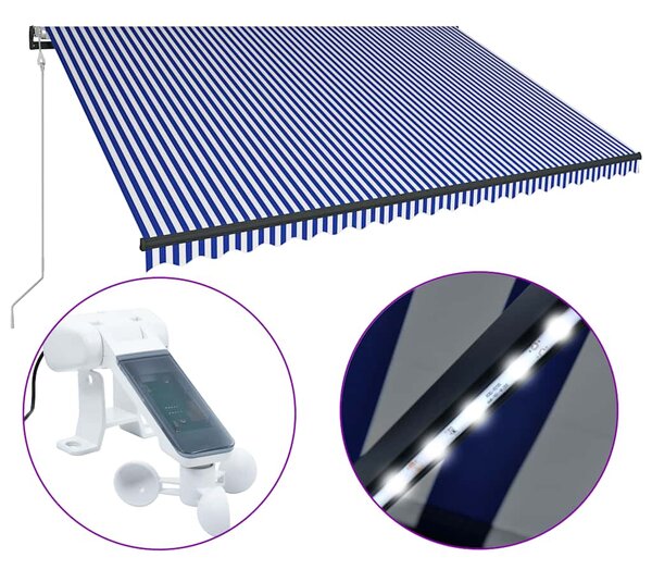 Tenda sa senzorom za vjetar LED 500 x 300 cm plavo-bijela - Plava / 500 x 300 cm