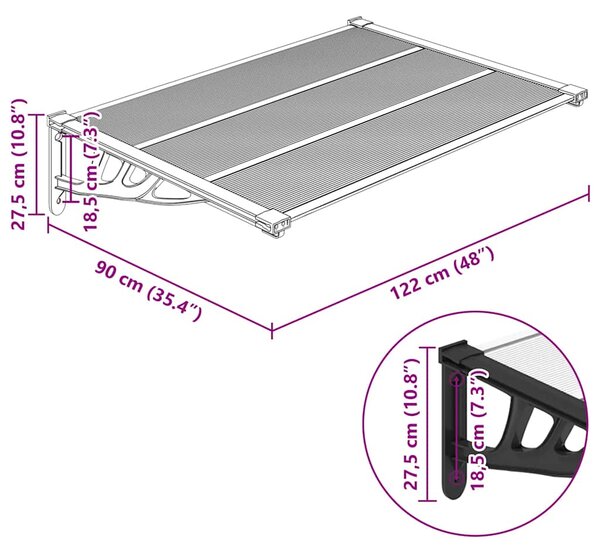 Nadstrešnica za vrata crna i prozirna 122 x 90 cm polikarbonat - Prozirna / 122 x 90 cm
