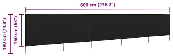 Vjetrobran s 5 panela od tkanine 600 x 160 cm crni - Crna / 600 x 160 cm