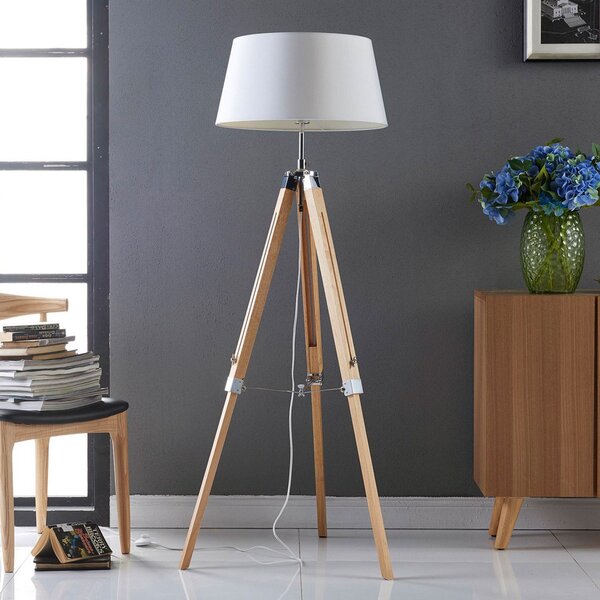 Lindby podna lampa Katie, 162 cm, bijela, tekstil, drvo, tronožac, Bijela, Dnevni boravak/blagovaonica, Tkanina / tekstil, tronožac