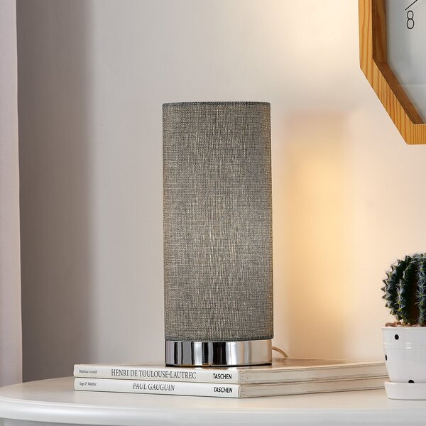 Lindby Siva stolna lampa Ronja s kromiranom bazom, prigušiva, Sivo, spavaća soba, Tkanina / tekstil