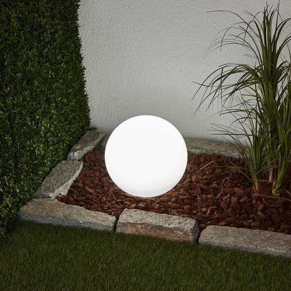 Lindby LED solarna svjetiljka Lago, Ø 25 cm, lopta, uzemljeni šiljak, bijela, Bijela, Plastika, Vanjska lopta