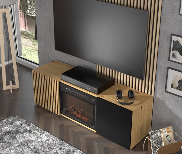 TV stolić/ormarić s kaminom Aurella (crna + hrast artisan)