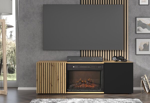 TV stolić/ormarić s kaminom Aurella (crna + hrast artisan)