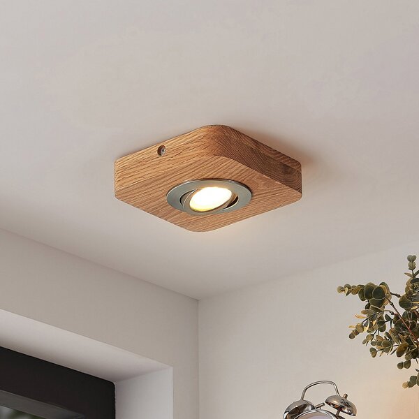 Lindby LED stropna svjetiljka Mikari, 14 cm, drvo, okretna, Drvo, Dnevni boravak/blagovaonica, Drvo