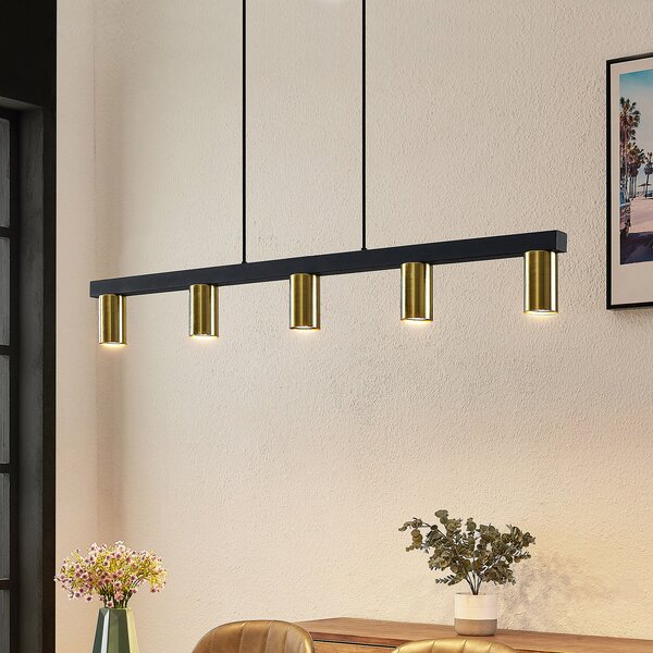 Lindby viseća lampa Baliko, crna/mjed, 5 žarulja, GU10, prigušiva, Crno, Dnevni boravak/blagovaonica, Metal