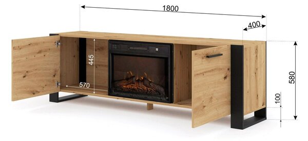 TV stolić/ormarić s kaminom Nulakka (hrast artisan + crna)