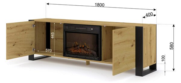 TV stolić/ormarić s kaminom Montana (hrast artisan + crna)