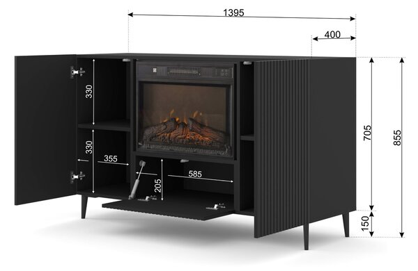 Komoda s električnim kaminom 2D1K Rowanna (crna)