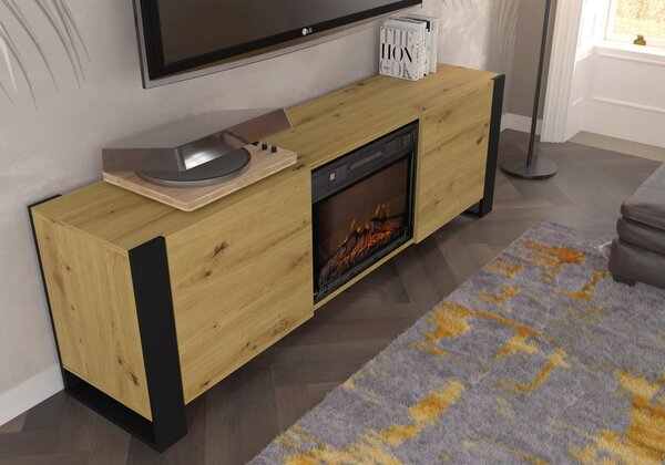 TV stolić/ormarić s kaminom Montana (hrast artisan + crna)