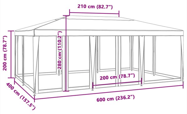 Šator za zabave s 10 mrežastih bočnih zidova plavi 6x4 m HDPE - Plava / 6 x 4 m
