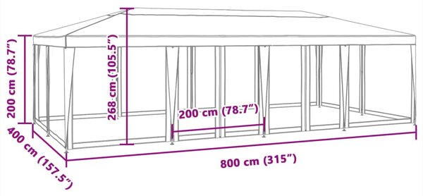 Šator za zabave 12 mrežastih bočnih zidova antracit 8x4 m HDPE - Antracitno siva / 8 x 4 m