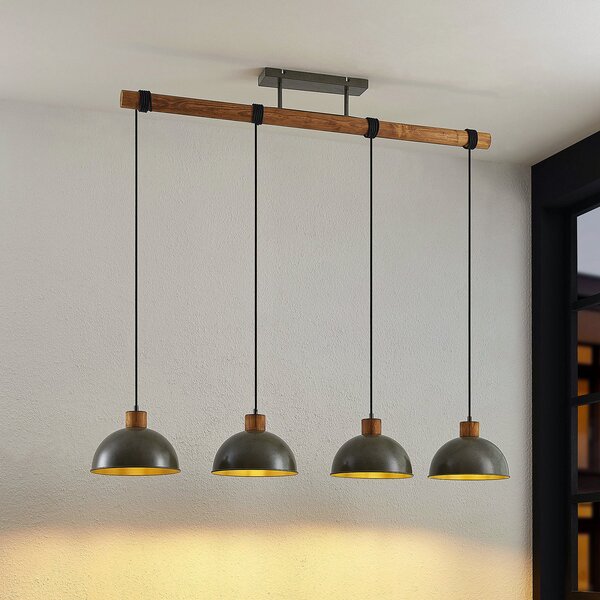 Lindby viseća lampa Durbis, 116 cm, 4 žarulje, siva, drvo, E27, prigušiva, Sivo, Dnevni boravak/blagovaonica, Drvo