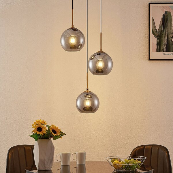 Lindby viseća lampa Jurian, 32 cm, 3 svjetla, bronca, dim, staklo, prigušiva, Sivo, Dnevni boravak/blagovaonica, Staklo