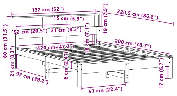 Krevet s regalom za knjige bez madraca 120x200 cm od borovine - Smeđa / 120 x 200 cm