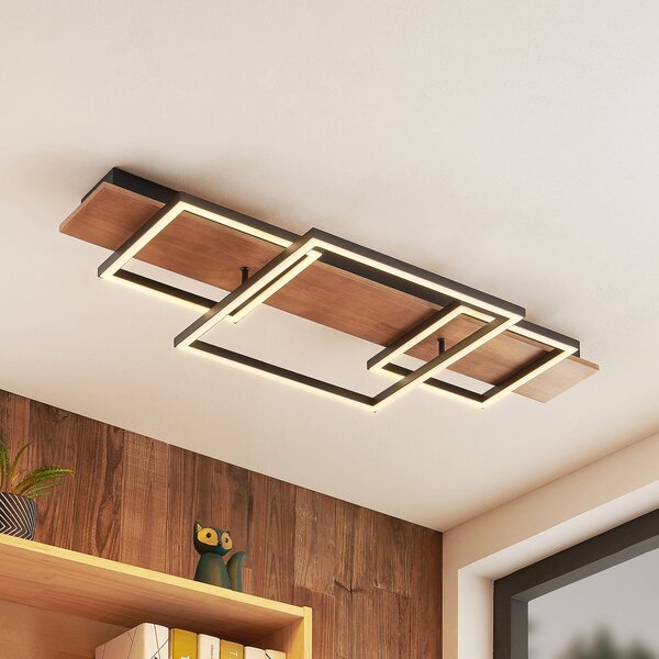 Lucande LED stropna svjetiljka Chariska, 95cm, crna, drvo, CCT, prigušiva, Drvo, Dnevni boravak/blagovaonica, Drvo