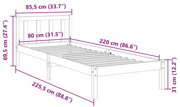 Dugi okvir kreveta bez madraca bijeli 80x220 cm od borovine - Smeđa / 80 x 220 cm