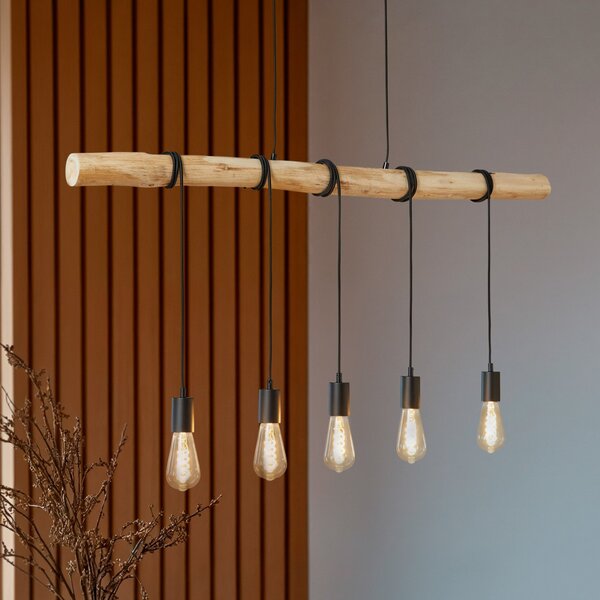 Lindby viseća lampa Rim, 5 lampi, drvo, konop, crna, 116 cm, prigušiva, Drvo, Dnevni boravak/blagovaonica, Drvo
