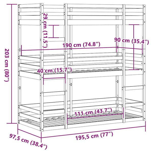 Trostruki krevet na kat bijeli 90x190 cm od masivne borovine - Bijela / 90 x 190 cm