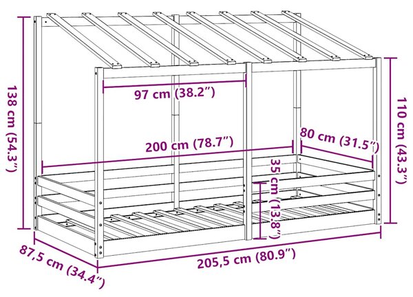 Dječji krevet s krovom 80 x 200 cm od masivne borovine - Smeđa / 80 x 200 cm